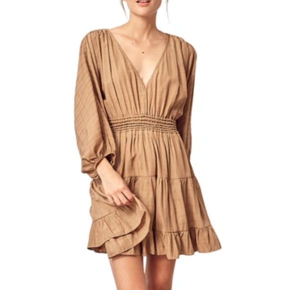 4/$24 NWT Mustard Seed 'Latte' pleated ruched tiered v-neck 3/4 sleeve dress szS - Picture 1 of 11